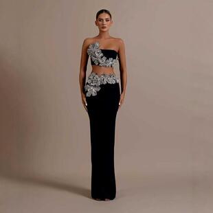 轻奢高级感亮闪闪水钻一字领欧美性感露背绷带紧身连衣裙气质长裙