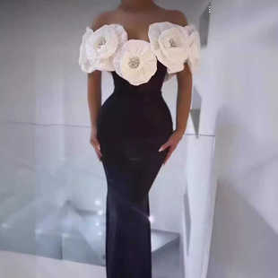 优雅气质长裙子抹胸大花朵轻奢成人礼白色黑色绷带名媛晚礼服修身