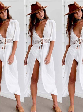 Women Beach Bikini Cover Up dresss跨境沙滩白色长款比基尼罩衫