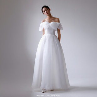 Veils简约韩系欧根纱蝴蝶结一字肩轻婚纱新娘结婚礼服