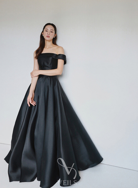 Veils原创设计师款简约韩系黑色不对称一字肩抹胸礼服晚会演出