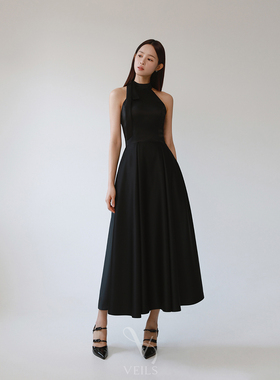 Veils简约黑色挂脖小礼服高腰修身显瘦订婚领证A字连衣裙艺考演出