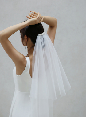 Veils新款简约大颗珍珠白色双层质感头纱结婚领证高级感发饰头饰