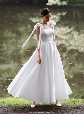 Veils白色黑色缎面简约显瘦气质飘带轻婚纱新娘结婚旅拍质感礼服