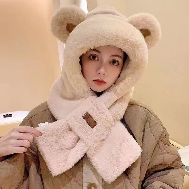毛绒帽子围巾一体女款秋冬季女士防寒骑车冬天围脖2025新款儿童帽