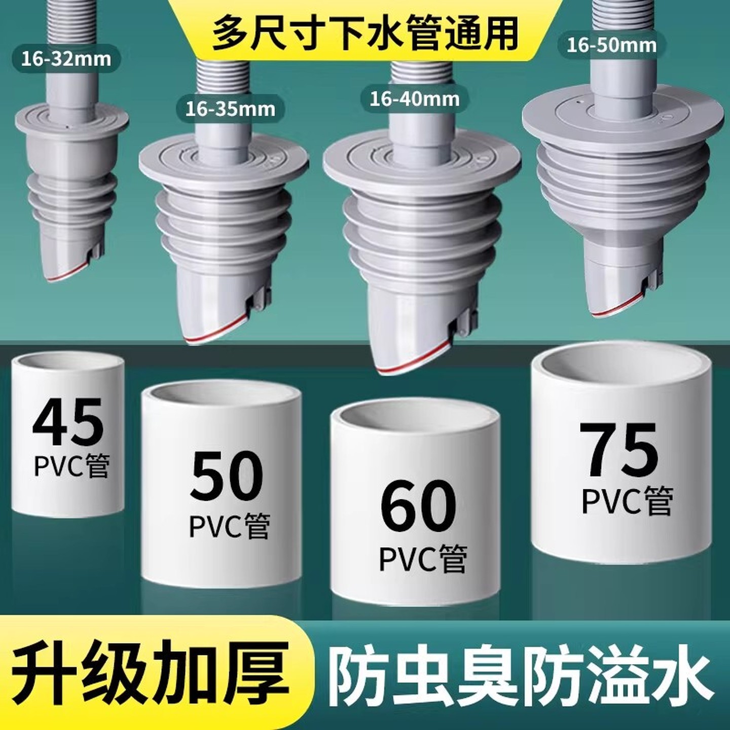 厨房下水管道密封塞洗衣机排水管5075封口盖硅胶圈防返臭堵口神器