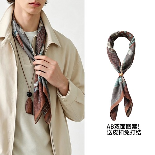 送皮扣！AB双面男士复古印花领口领巾丝巾围巾老钱风男生系脖方巾