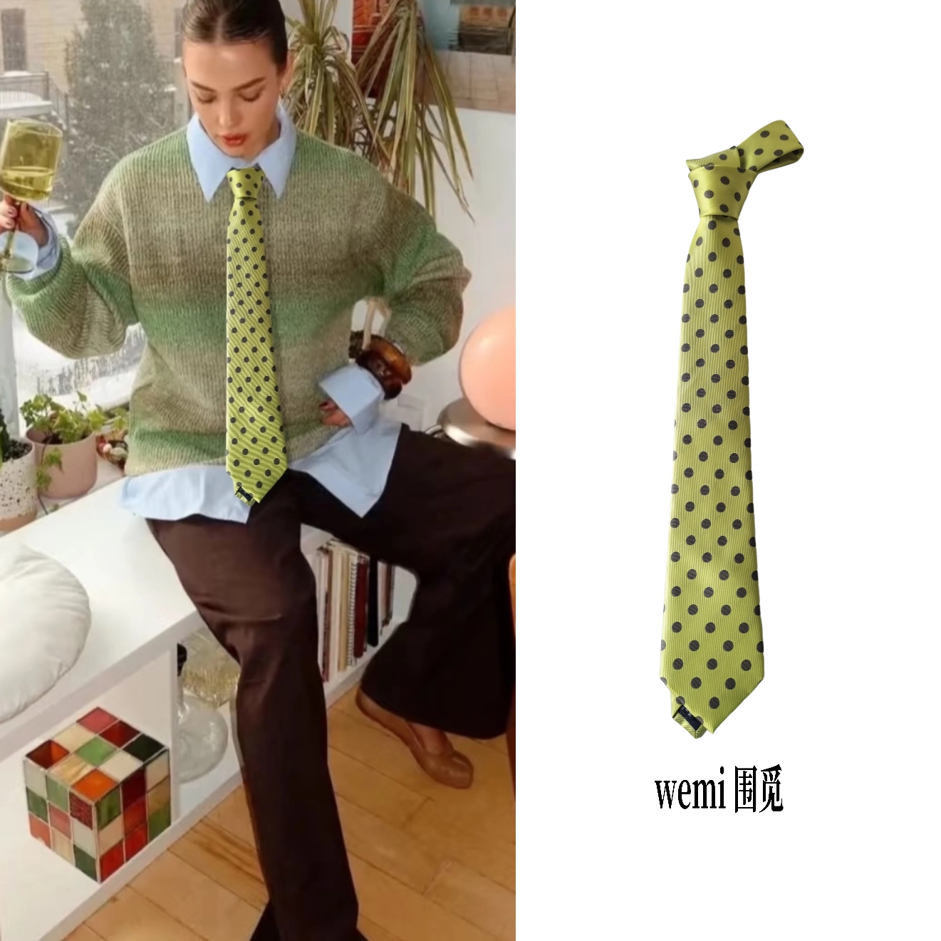 wemi围觅可露丽风绿棕波点领带女款高级感小众设计感手打