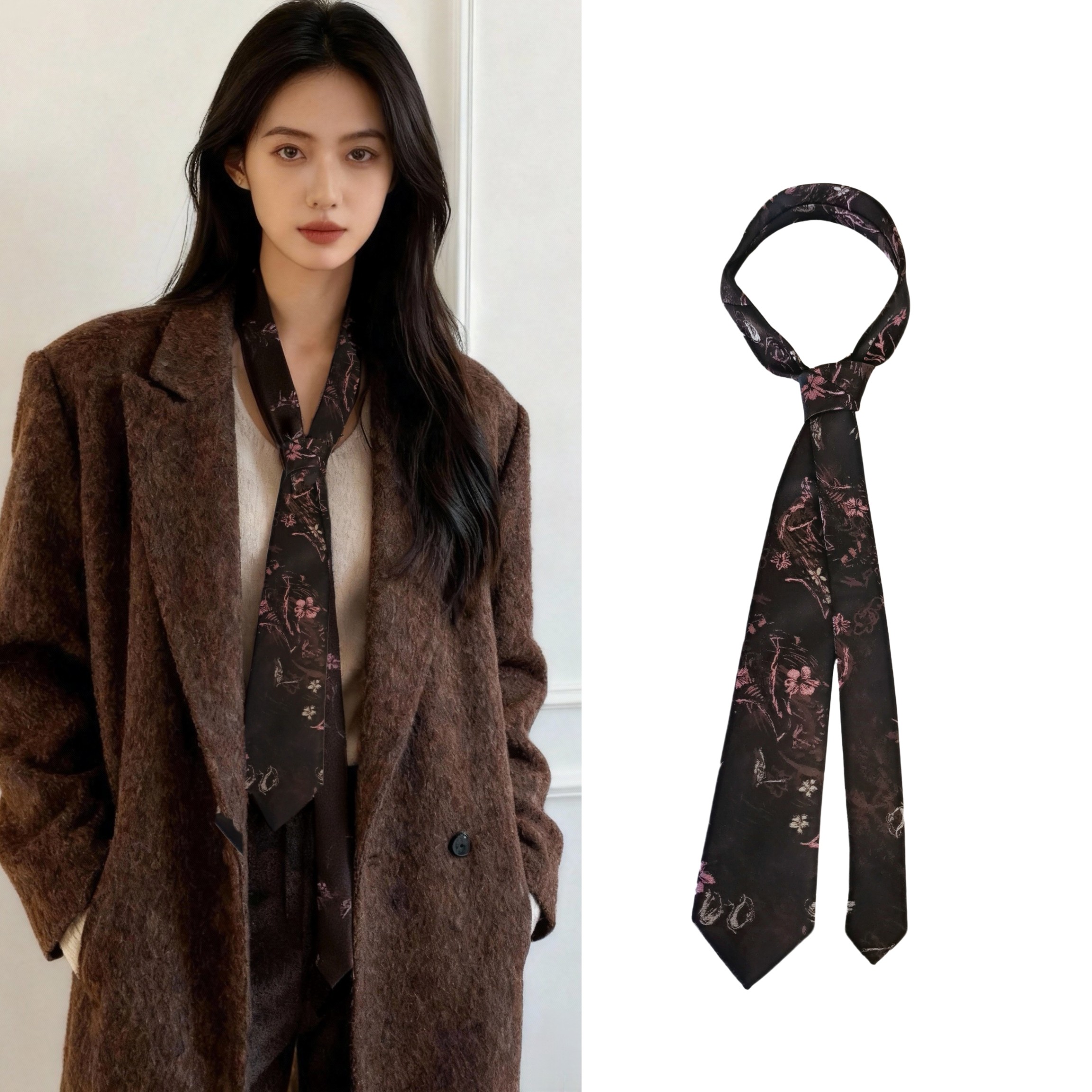 wemi美拉德棕粉色提花刺绣抽象花朵领带艺术感小众时髦复古配饰,服饰配件/皮带/帽子/围巾,领带,淘宝优惠券,粉丝福利购,淘宝优惠卷