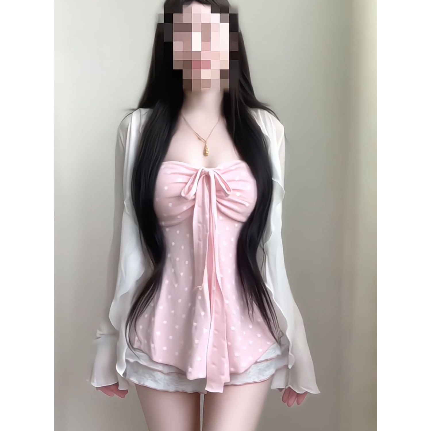 樱花奶冻 少女感白色开衫+粉色蝴蝶结内搭+半身裙夏季新款三件套