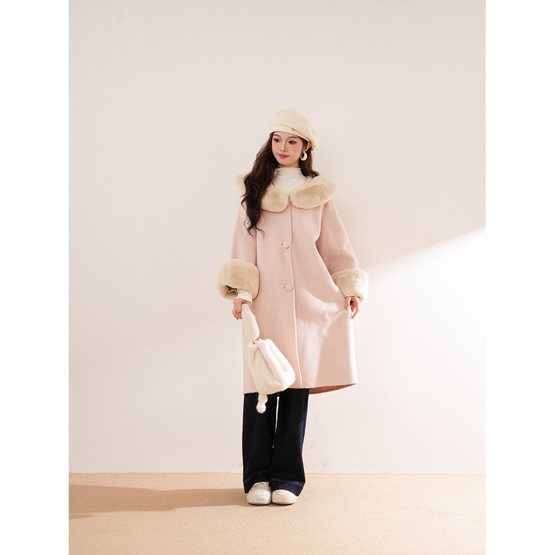 甜美学院风气质毛毛领连帽长款呢子大衣女秋冬新款宽松厚外套