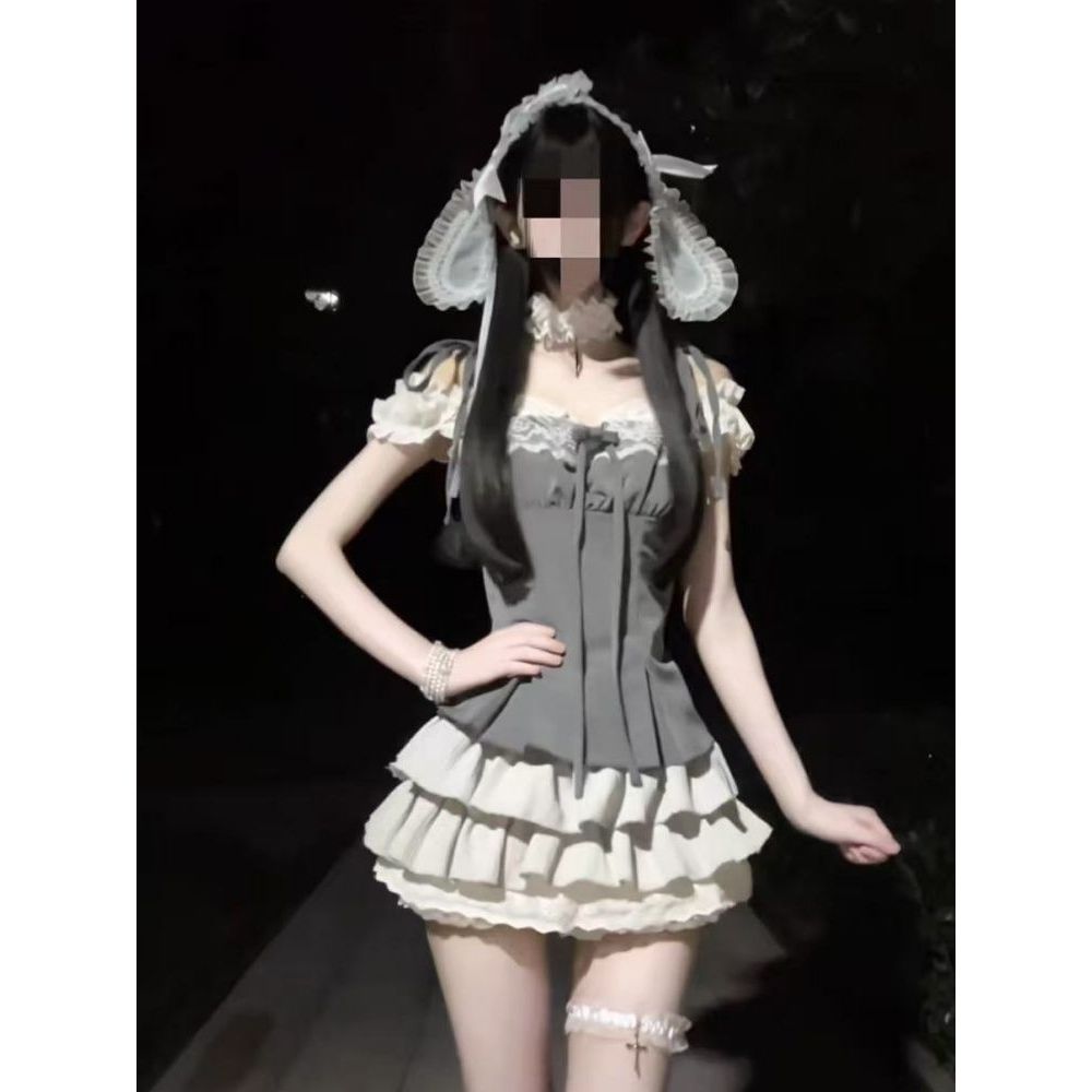 【灰调月光】轻亚格雷系三件套蕾丝拼接上衣纯色内搭蓬蓬短裙套装
