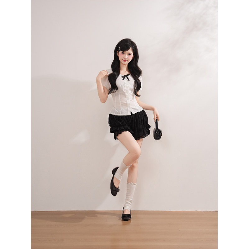 小u郁 千金感娃娃领绑带上衣+蕾丝花瓣花苞裤女夏季气质两件套装