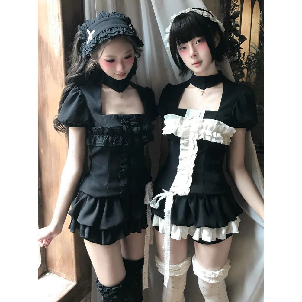 【双子圣约】亚文化黑白双子套装荷叶边短款上衣+蛋糕裙裤两件套