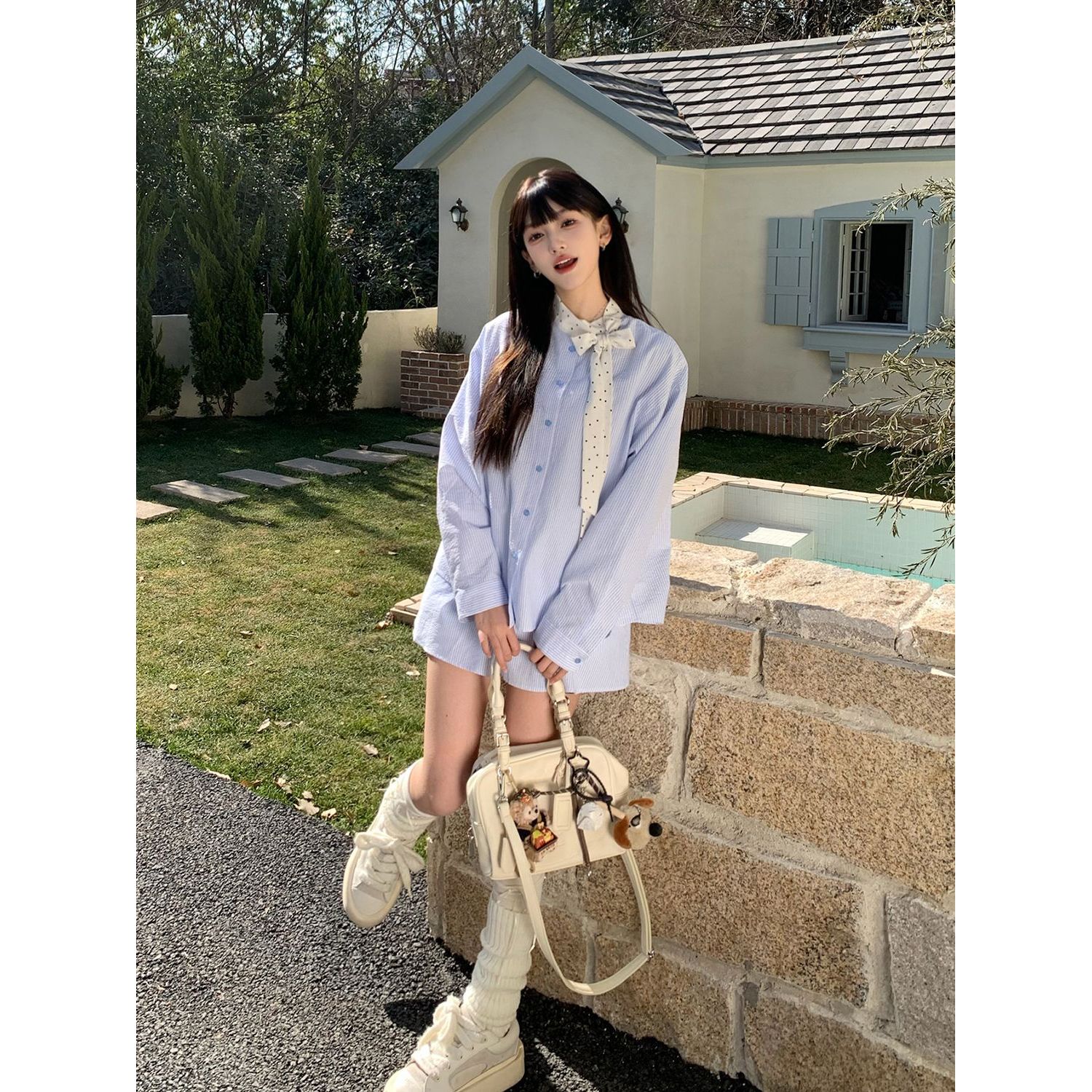 蓝韵悠然 韩系休闲蓝色条纹长袖T恤拼接波点领口蝴蝶结设计感套装
