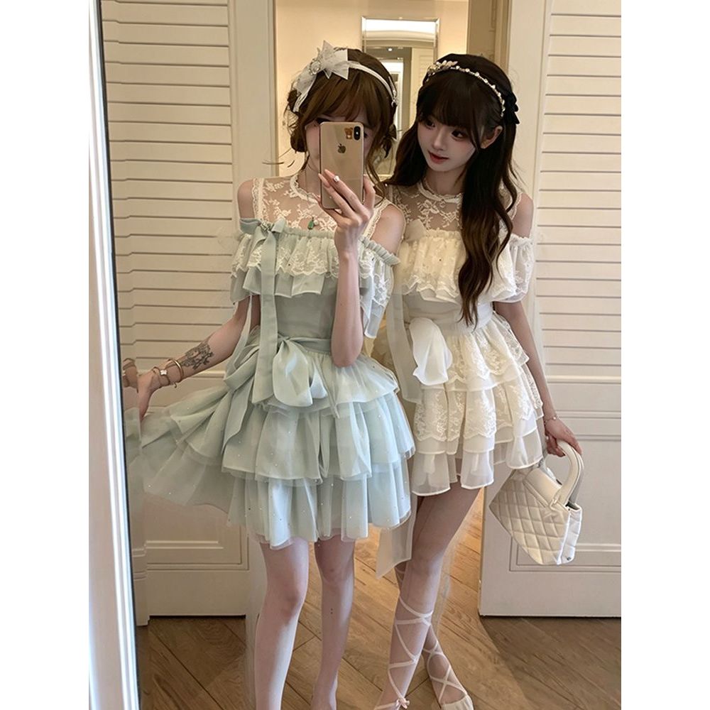 谜蔓匆匆 夏季清新甜美露肩短袖蝴蝶结系带收腰蓬蓬蛋糕裙连衣裙