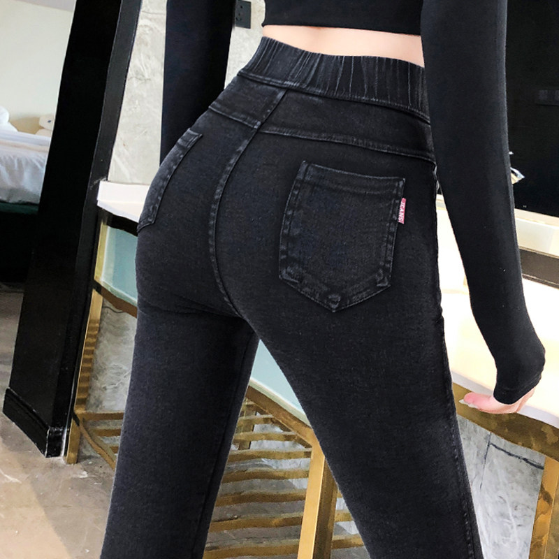 仿牛仔裤女春秋薄款松紧腰高腰显瘦弹力紧身小个子九分小脚铅笔裤