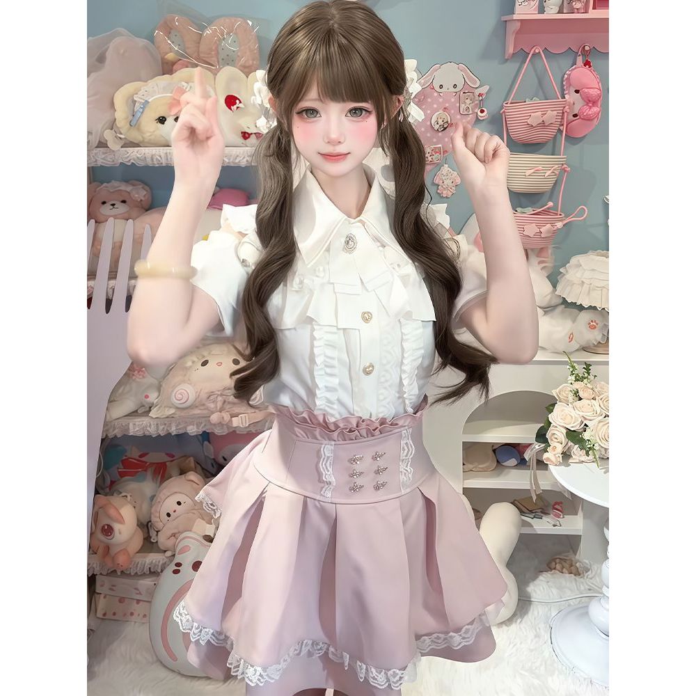 【甜桃序章】清楚系甜美清新小个子衬衫+百搭短裙两件套装夏季女