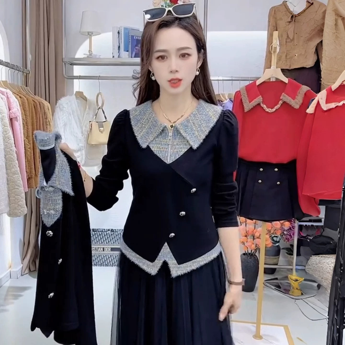 小香风假两件翻领长袖衬衫女