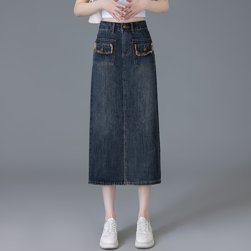 复古蓝牛仔A字半身裙女夏季新款高腰中长款修身显瘦百搭气质裙子