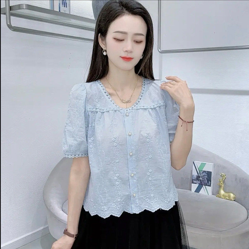夏季甜美蕾丝短袖宽松衬衫女