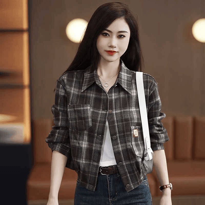 复古格子长袖抽绳显瘦短款衬衫