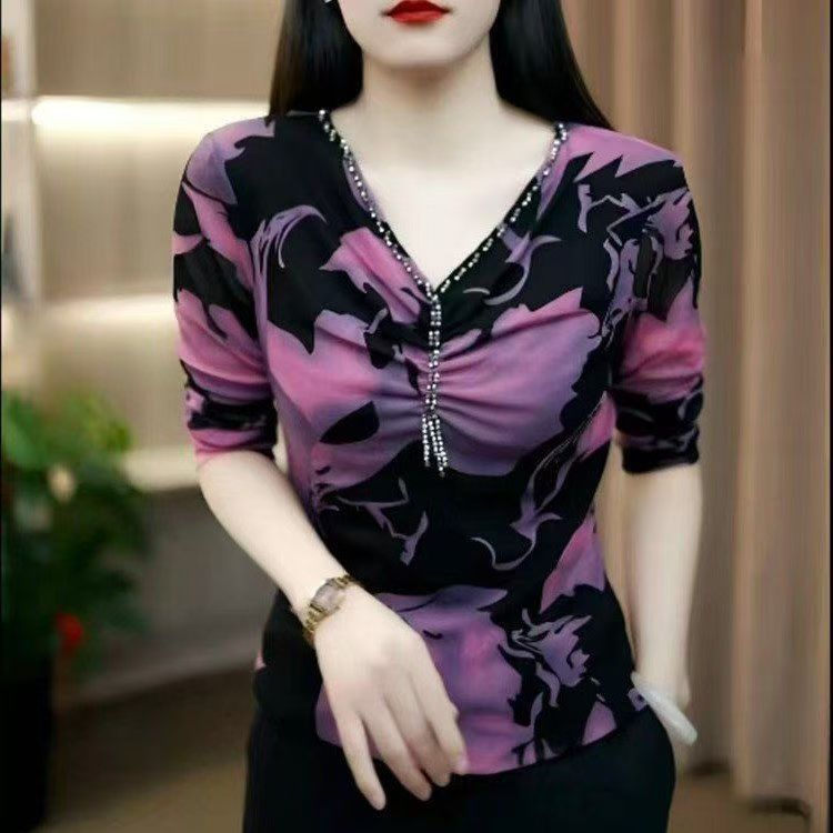 秋季妈妈装V领褶皱显瘦长袖T恤