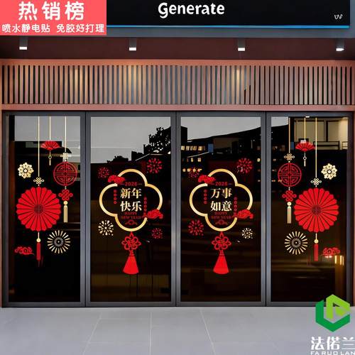 2026新年福字窗花玻璃门窗装饰贴纸珠宝饭店银行店铺推拉门布置贴