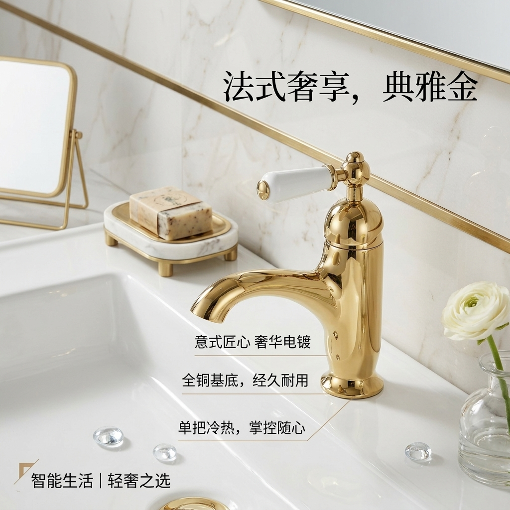 法式冷热面盆水龙头浴室柜洗脸洗手盆黄铜金色复古陶瓷单把手龙头