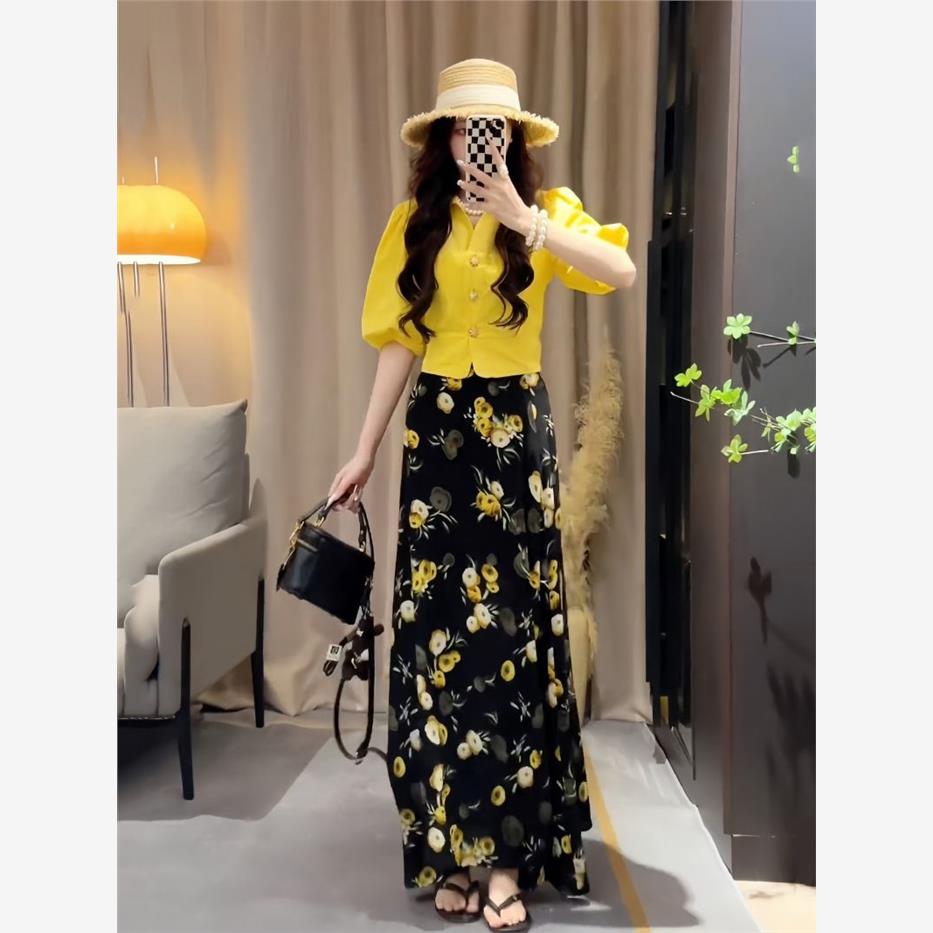 夏装搭配一整套盐系时尚百搭泡泡袖衬衫上衣碎花半身裙两件套装女