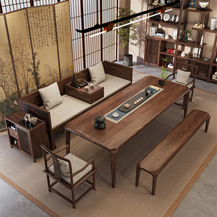 高端胡桃木榫卯茶桌罗汉床组合客厅家用办公室新中式实木茶台茶桌