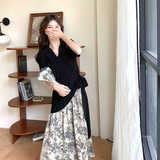 新中式不规则小众碎花拼接黑色连衣裙女夏季303-Q6836-P115-K168，女装连衣裙，宁宁家
