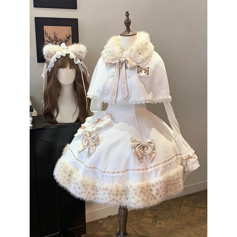 甜美设计感蕾丝拼接斗篷蝴蝶结lolita连衣裙打底上衣三件套女秋冬