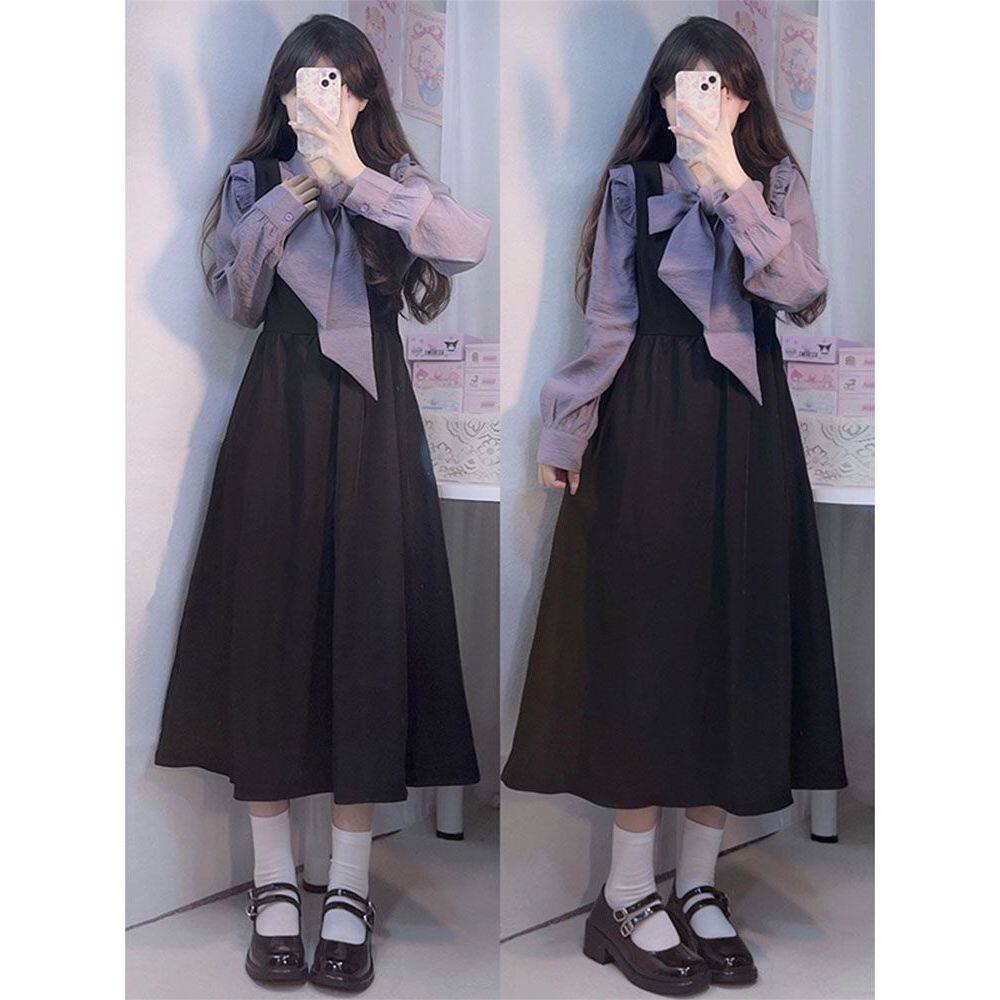 温柔风法式赫本风黑色背带连衣裙女秋季新款蝴蝶结衬衫两件套裙子