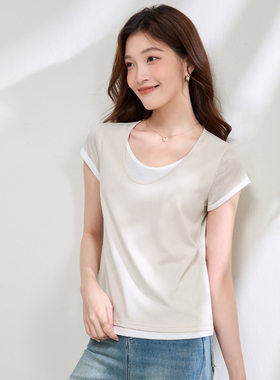 YB566#  夏季韩系穿搭U领撞色拼接假两件短袖T恤女宽松百搭上衣