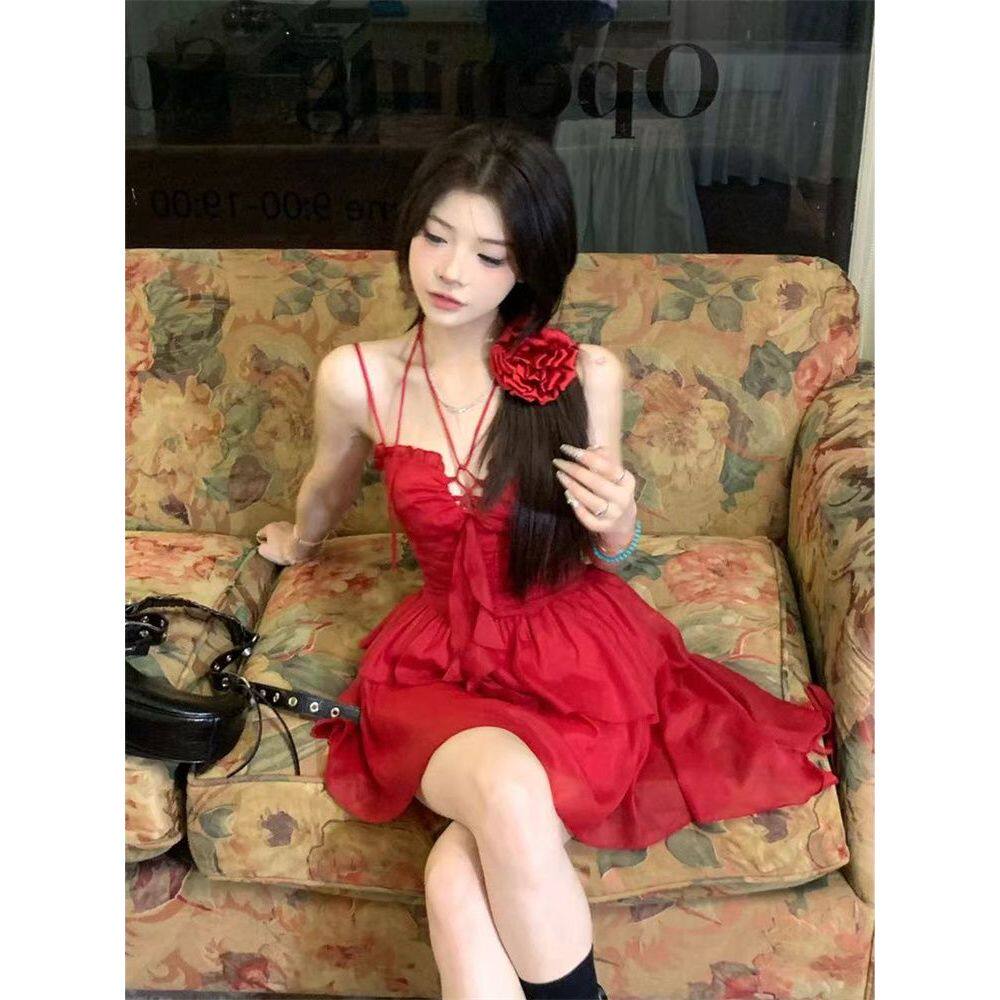 花墙红玫瑰 法式复古气质收腰红色小个子连衣裙开衫套装超仙短裙
