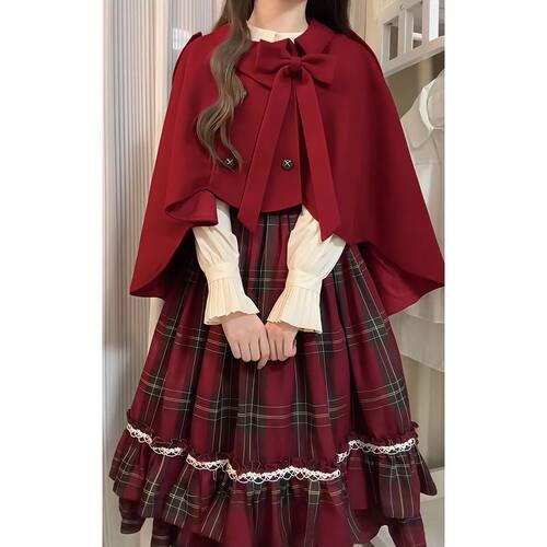 红笺洛宴 复古lolita千金感格子控连衣裙+斗篷+衬衫三件套女冬季
