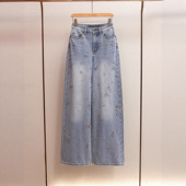 新款 法式 慵懒风A字高腰重工镶钻水洗阔腿长款 现货SP秋季 牛仔裤 女