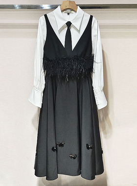 法式高级感R750108D羽毛背心C750203A长袖衬衫+R750119D半裙套装