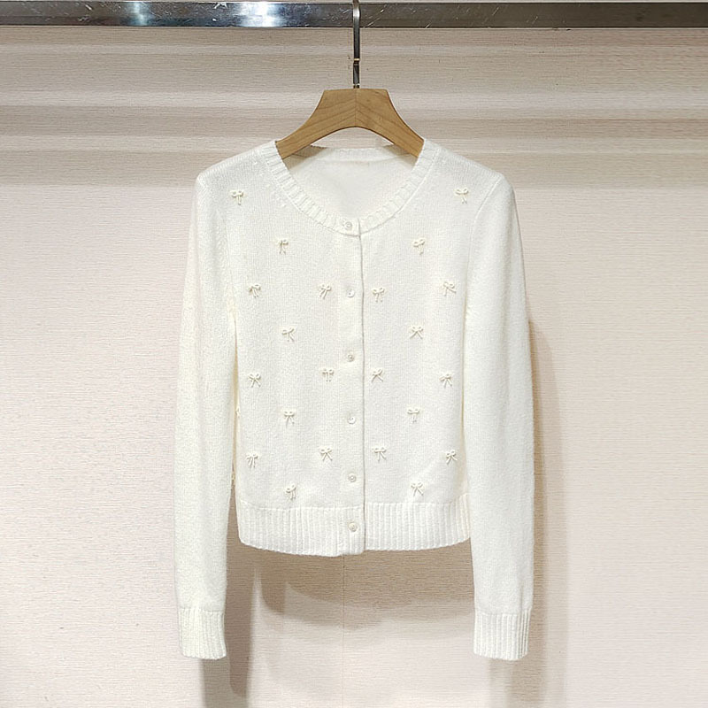 法式高级感春秋装XRJ4M45D圆领长袖单排扣重工订珠蝴蝶结针织衫