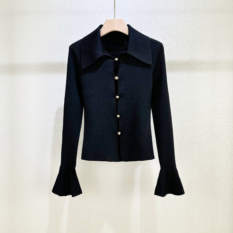 现货明星朱珠同款早春26高级性感镂空翻领针织喇叭袖打底衫上衣