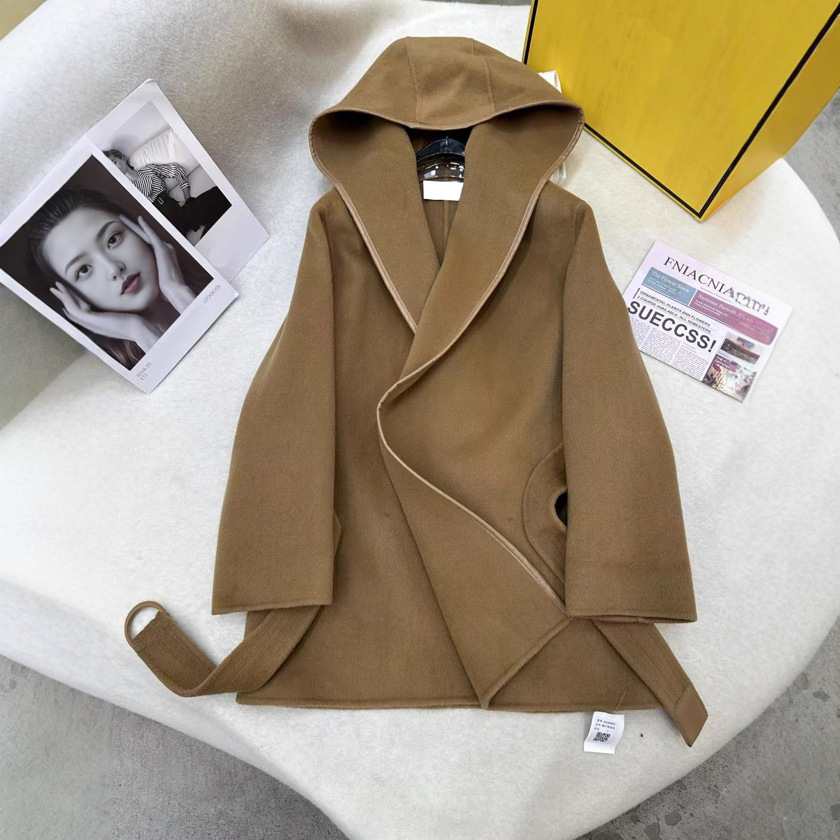 秋冬双面羊绒连帽大衣10%羊绒90%羊毛系带中长款外套~不退可换