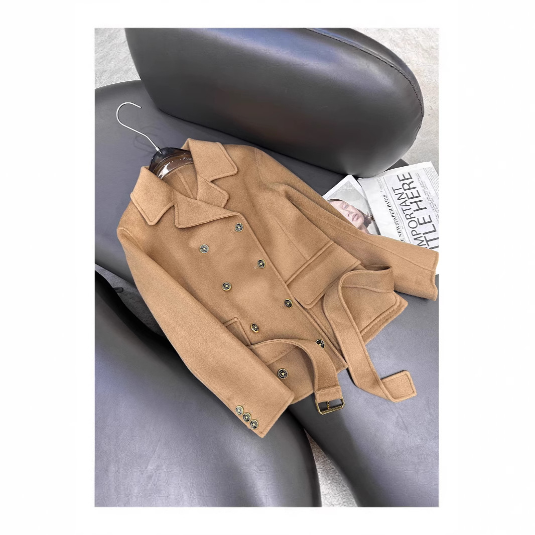 深圳南油2025秋冬新款双面羊绒双排扣短款羊毛大衣外套女