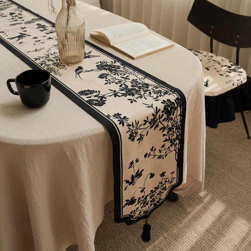 芳羽集新中式桌旗卧室床旗餐桌中间长条桌布复古茶室绒布茶旗家用