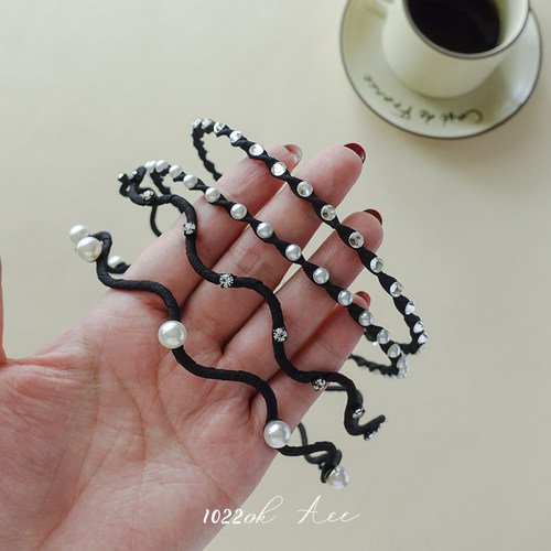 韩国进口浪漫人工珍珠水钻细发箍