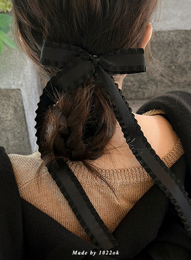 韩国代购浪漫黑色飘带蝴蝶结弹簧夹半发夹女后脑勺扎马尾丝带发饰