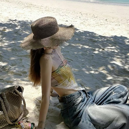 老钱风镂空平顶草帽女夏季海边沙