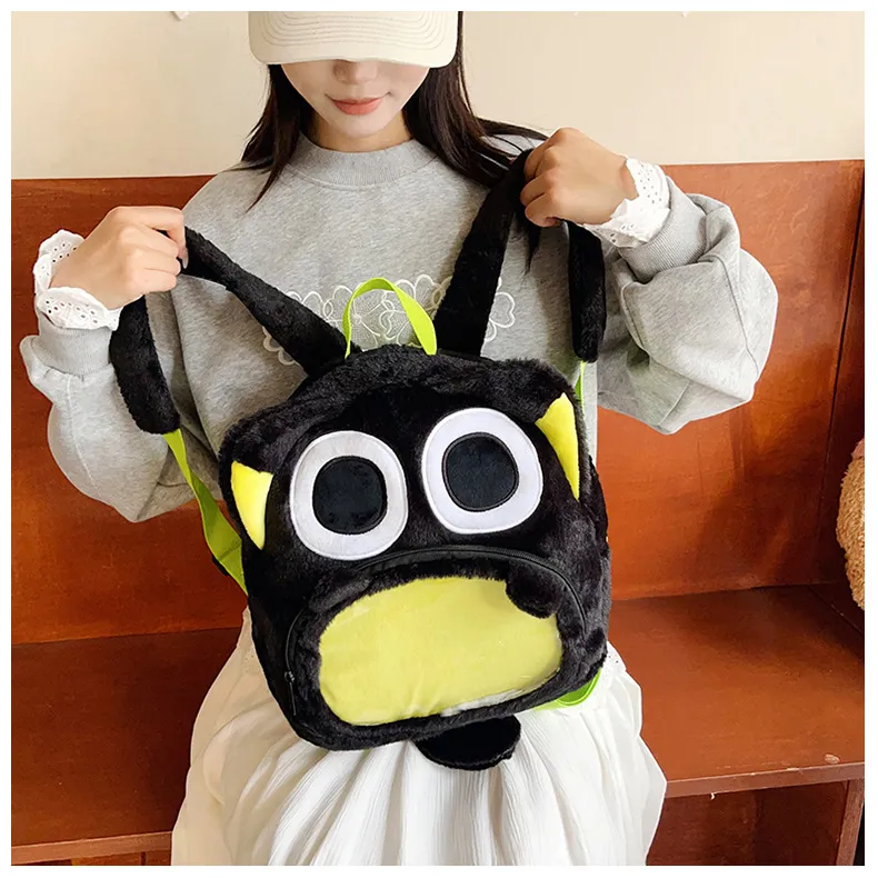 黑色猫咪毛绒痛包罗小黑战记大眼猫可爱猫双肩包潮酷书包