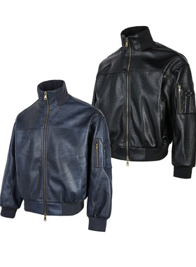 复古pu皮高领秋冬拉链感vibe宽松荔枝皮纹飞行员外套夹克