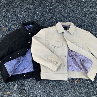 长耳定光碧水纹水洗帆布仿兔毛廓形保暖夹克外套男女